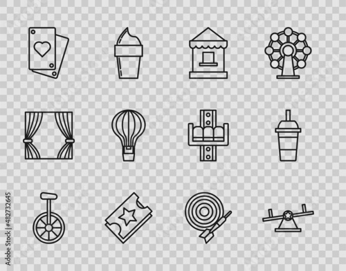 Set line Unicycle or one wheel bicycle, Seesaw, Ticket box office, Playing card, Hot air balloon, Classic dart board and arrow and Paper glass with drinking straw water icon. Vector