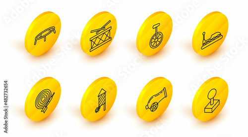 Set line Joystick for arcade machine, Cannon, Firework rocket, Classic dart board and arrow, Bumper car, Unicycle one wheel bicycle, Drum with drum sticks and Jumping trampoline icon. Vector