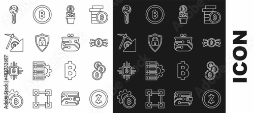 Set line Cryptocurrency coin Zcash ZEC, Bitcoin, bitcoin circle with microchip circuit, plant the pot, Shield security lock, cloud mining, key and wallet icon. Vector