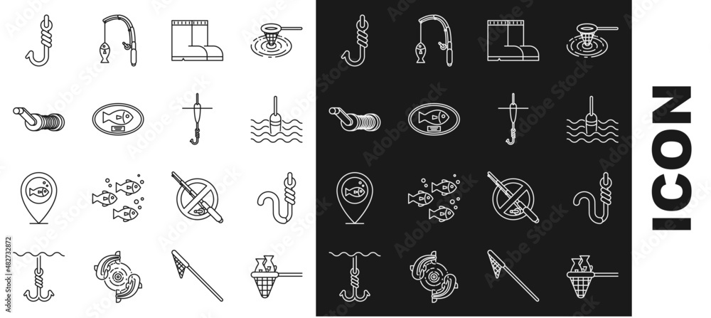 Set line Fishing net with fish, hook and worm, float water, boots, trophy  hanging on the board, Spinning reel for fishing, and icon. Vector Stock  Vector