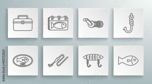 Set line Fish trophy hanging on the board, Calendar with fish, Fishing line hook and float, lure, Spinning reel for fishing, and Case box container wobbler gear equipment icon. Vector