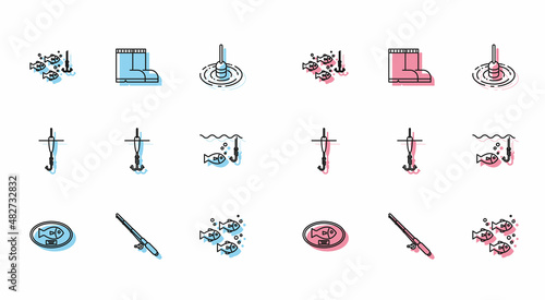 Set line Fish trophy hanging on the board, Fishing rod, hook under water with fish, and float, and boots icon. Vector