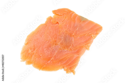 Thin fillet of salmon fish isolated on white background. Sliced meat