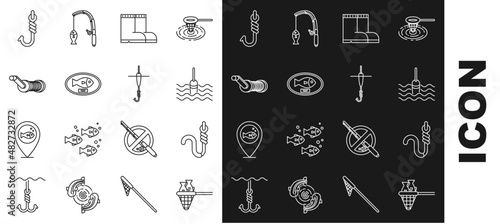 Set line Fishing net with fish, hook and worm, float water, boots, trophy hanging on the board, Spinning reel for fishing, and icon. Vector