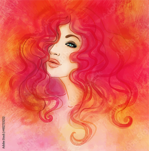 Woman face. Watercolor fashion illustration.
