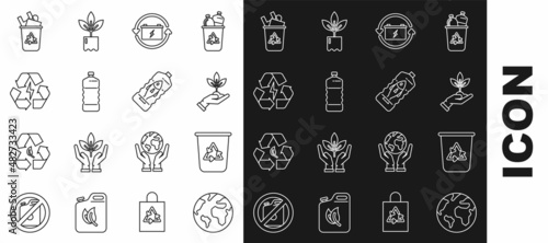 Set line Earth globe, Recycle bin with recycle symbol, Plant hand of environmental protection, Battery, Plastic bottle, and Stop ocean plastic pollution icon. Vector