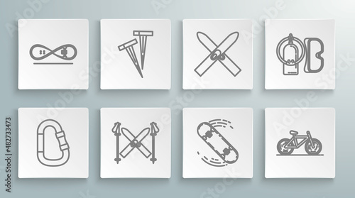 Set line Carabiner, Pegs for tents, Ski and sticks, Skateboard trick, Bicycle, Diving mask aqualung and icon. Vector