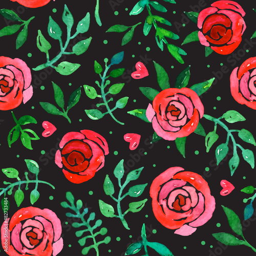 Boho style roses seamless pattern. Watercolor illustration.