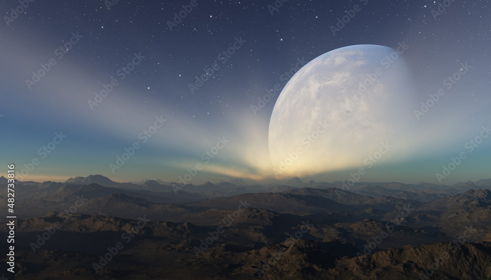 3d rendered Space Art: Alien Planet - A Fantasy Landscape with blue skies and stars