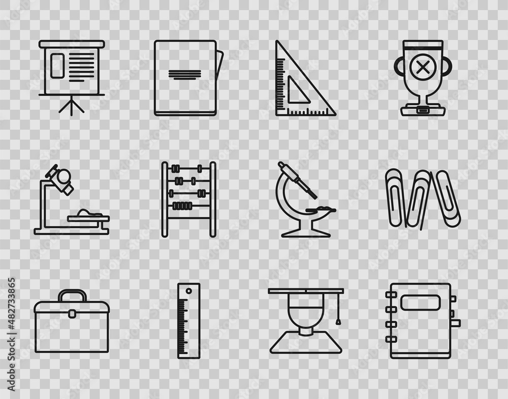 Set line Briefcase, Triangular ruler, Ruler, Presentation financial board with graph, schedule, chart, diagram, infographic, pie graph, Abacus, Graduate and graduation cap and Paper clip icon. Vector Set line Briefcase, Triangular ruler, Ruler, Presentation financial board with graph, schedule, chart, diagram, infographic, pie graph, Abacus, Graduate and graduation cap and Paper clip icon. Vector