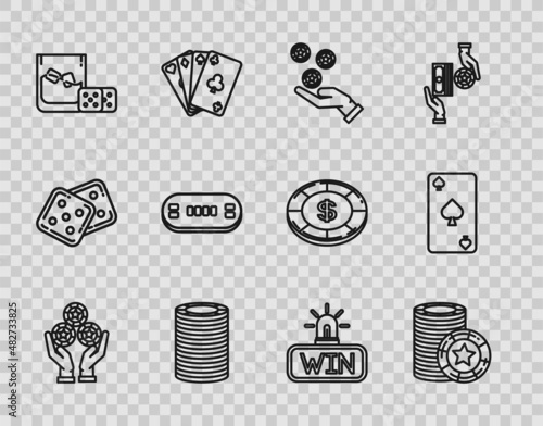 Set line Hand holding casino chips, Casino, Game dice glass of whiskey with ice cubes, Poker table, win and Playing card spades symbol icon. Vector