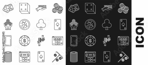 Set line Stick for chips, Online poker table game, Playing card with spades symbol, Hand holding deck of playing cards, Glass whiskey ice cubes, casino, Game dice and clubs icon. Vector