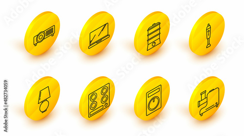 Set line Kitchen meat grinder, Remote control, Gas stove, Table lamp, Blender, Double boiler, Laptop and icon. Vector