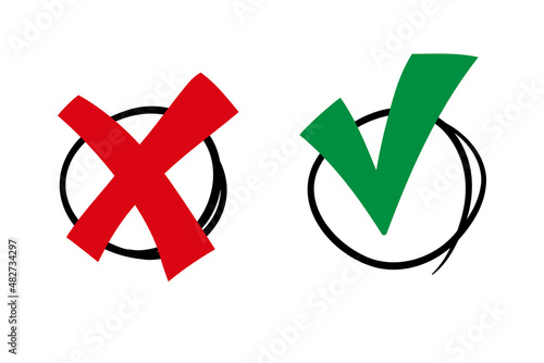 Hand drawn doodle Grunge style checkmark and cross symbol design 