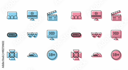 Set line Movie spotlight, Under 18 years, Comedy and tragedy theatrical masks, Computer PC monitor HD video technology, Cinema poster design template and Online play icon. Vector