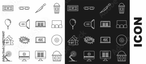 Set line Popcorn in cardboard box, CD DVD disk, Knife, Movie spotlight, Balloon with ribbon, VHS video cassette tape and Buy cinema ticket online icon. Vector