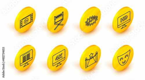 Set line Comedy theatrical mask, Computer PC monitor 4k video technology, Buy cinema ticket online, HD, Bang boom text speech bubble balloon, Director movie chair and Play Video icon. Vector