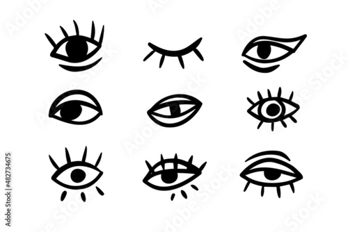 Abstract hand drawn eyes doodle outline simple set sketch