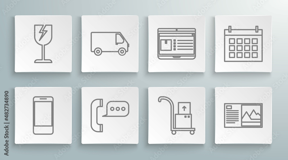 Set line Mobile phone with app delivery tracking, Delivery cargo truck vehicle, Telephone speech bubble chat, Hand and boxes, Postcard, Laptop, Calendar and Fragile broken glass symbol icon. Vector Set line Mobile phone with app delivery tracking, Delivery cargo truck vehicle, Telephone speech bubble chat, Hand and boxes, Postcard, Laptop, Calendar and Fragile broken glass symbol icon. Vector