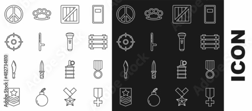 Set line Military reward medal, ammunition box, Police rubber baton, Target sport for shooting competition, Peace and Flashlight icon. Vector