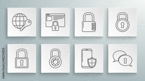 Set line Lock, Secure your site with HTTPS, SSL, Safe combination lock wheel, Smartphone security shield, Protection of personal data, and Globe key icon. Vector