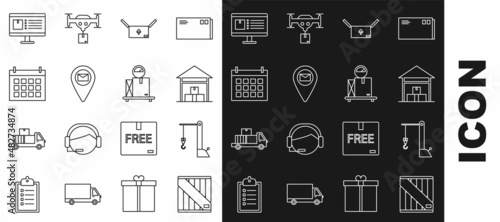Set line Wooden box, Harbor port crane, Warehouse, Cardboard with traffic symbol, Placeholder on map paper, Calendar, Computer monitor app delivery tracking and Scale cardboard icon. Vector