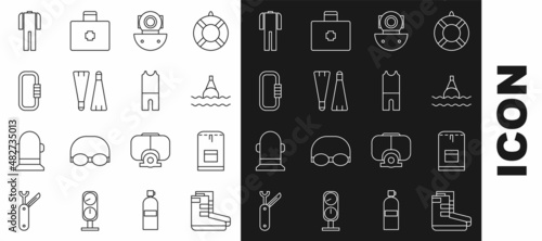 Set line Boots, Backpack, Floating buoy on the sea, Aqualung, Rubber flippers for swimming, Carabiner, Wetsuit scuba diving and icon. Vector