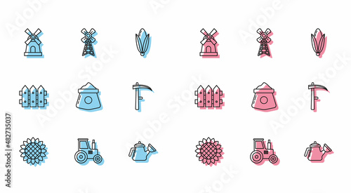 Set line Sunflower, Tractor, Windmill, Watering can, Bag of flour, Scythe, Garden fence wooden and icon. Vector