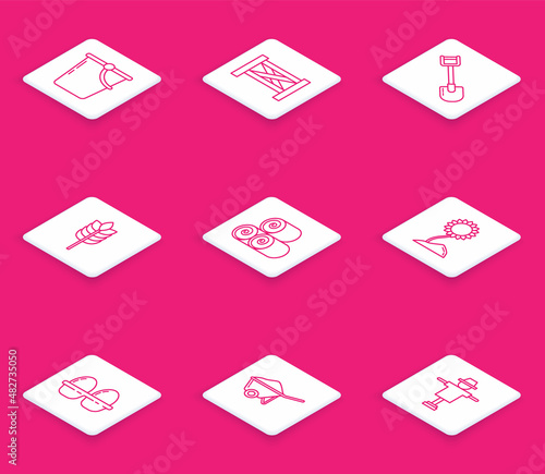 Set line Bucket, Garden fence wooden, Shovel, Cereals with rice, wheat, corn, oats, rye, Roll of hay, Sunflower, Chicken egg in box and Wheelbarrow dirt icon. Vector