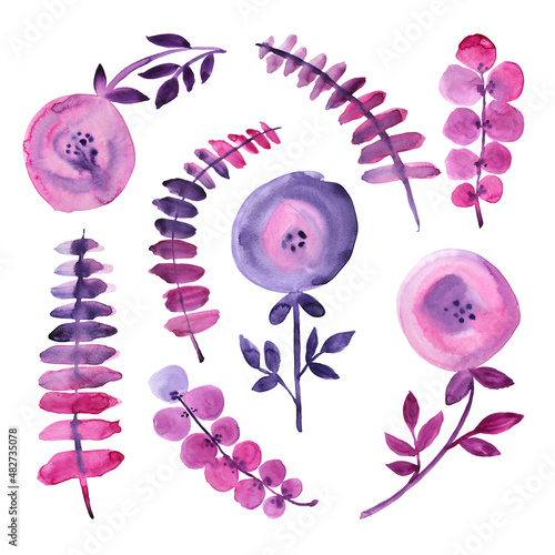 Set watercolor pink and purple abstract flower with leaves isolated on white background. Creative hand-drawn spring or summer illustration. Clipart for wedding 8 march wrapping wallpaper sticker