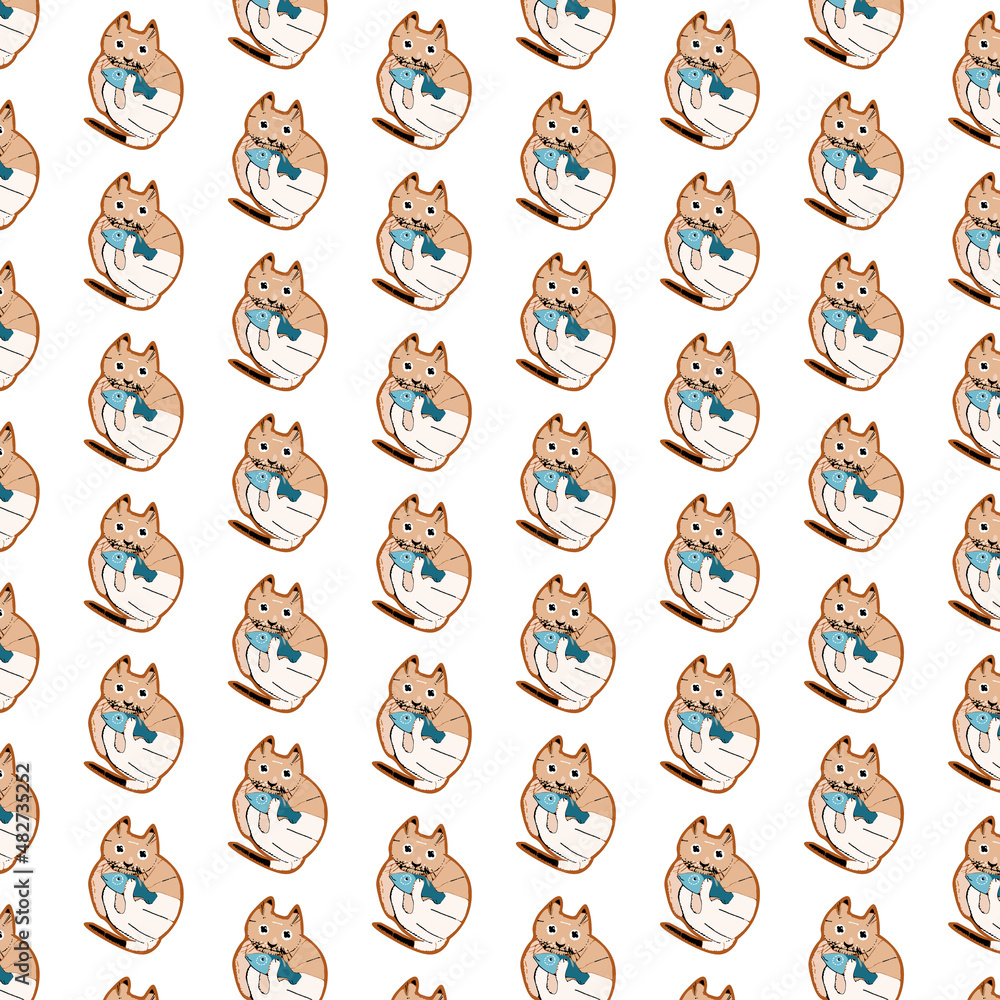 Vector seamless pattern with cute cartoon funny cat with fish. Hand drawn style with doodle graphic elements. Vector seamless pattern with cute cartoon funny cat with fish. Hand drawn style with doodle graphic elements.
