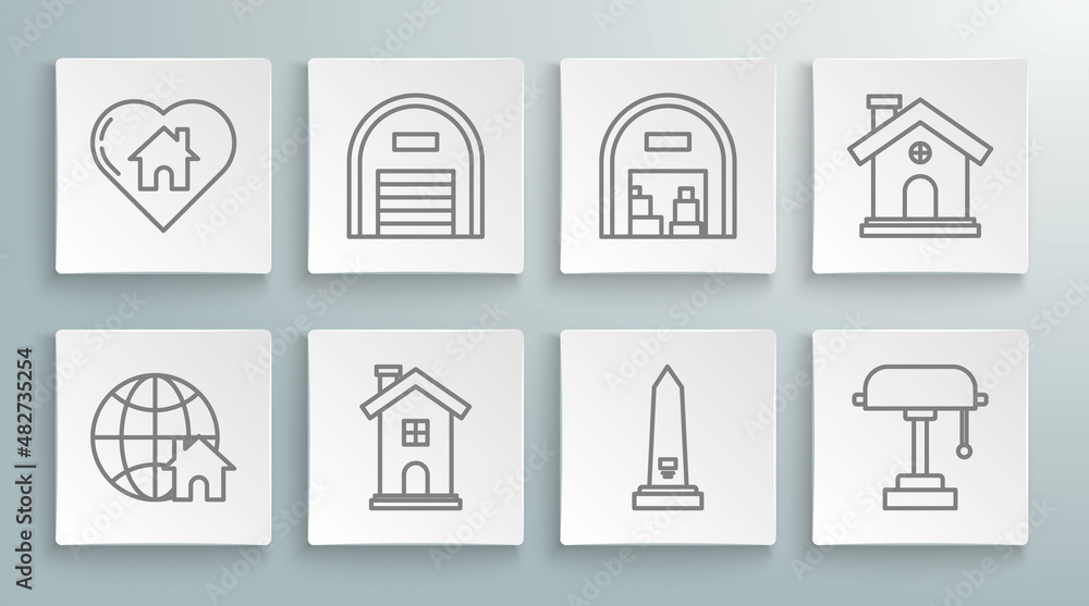 Set line Globe with house symbol, Warehouse, Home, Washington monument, Table lamp, House and heart shape icon. Vector Set line Globe with house symbol, Warehouse, Home, Washington monument, Table lamp, House and heart shape icon. Vector