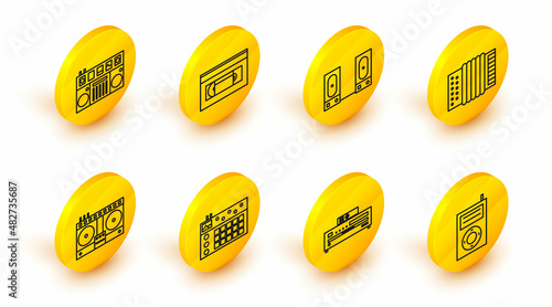 Set line Music MP3 player, CD, Drum machine, DJ remote for playing and mixing music, Musical instrument accordion, Stereo speaker, VHS video cassette tape and icon. Vector