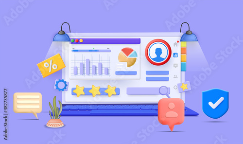 On the laptop screen there are floating charts, a search and rating bar, a protection icon, messages and discounts.  SEO optimization web analytics and marketing social media. 3D Vector Illustrations.