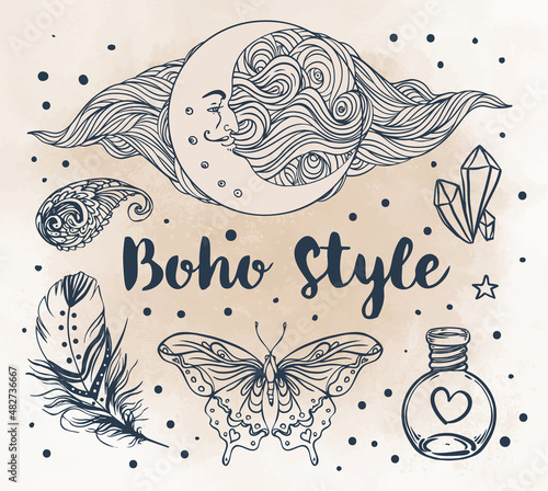 Gypsy Love: Set of Ornamental Boho Style Elements. Vector illustration. Tatto...