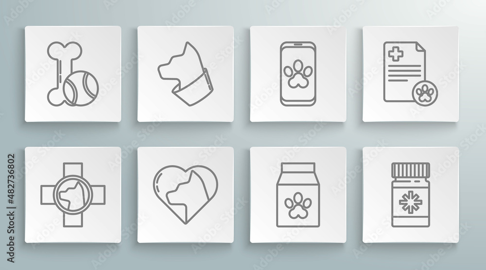Set line Veterinary clinic symbol, Heart with cat, Bag of food for pet, Dog medicine bottle and pills, Online veterinary, Clipboard medical clinical record and Pet toys bone rubber ball icon. Vector Set line Veterinary clinic symbol, Heart with cat, Bag of food for pet, Dog medicine bottle and pills, Online veterinary, Clipboard medical clinical record and Pet toys bone rubber ball icon. Vector