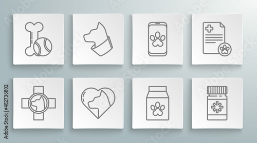Set line Veterinary clinic symbol  Heart with cat  Bag of food for pet  Dog medicine bottle and pills  Online veterinary  Clipboard medical clinical record and Pet toys bone rubber ball icon. Vector