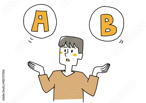 AかBで悩む男性　何かと何かを比べる　コミカルな手書きの人物　ベクター、線画にシンプルな色つけ　