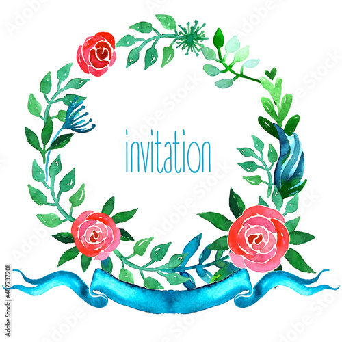 Boho style wedding invitation template. Watercolor illustration.