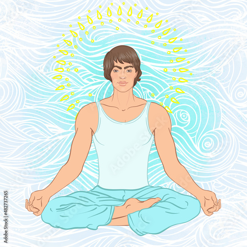 Beautiful Caucasian Man sitting in Lotus pose with ornate mandala on background. Vector illustration. Spa consent, yoga studio, or natural medicine clinic.