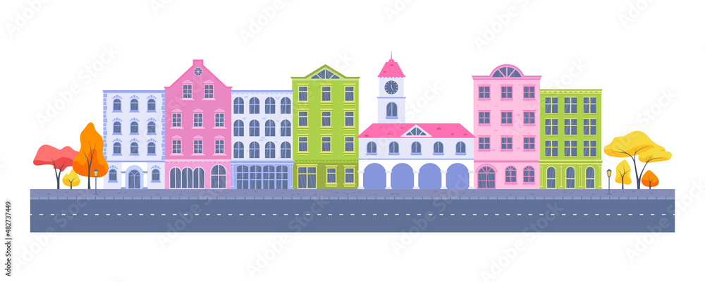 Urban landscape flat vector concept. Old city buildings, houses, road, trees. Small town illustration.Town city street panoramic cityscape background in flat style. Set of city buildings. Urban landscape flat vector concept. Old city buildings, houses, road, trees. Small town illustration.Town city street panoramic cityscape background in flat style. Set of city buildings.