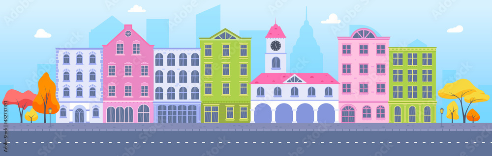 Urban landscape flat vector concept. Old city buildings, houses, road, trees. Small town illustration.Town city street panoramic cityscape background in flat style. Set of city buildings.