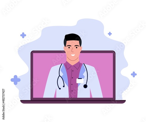 laptop screen with doctor in messenger and online consultation, expert advice, consulting diagnose a doctor online using computer, flat vector illustration