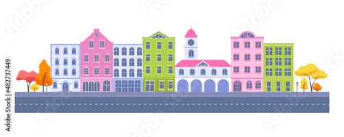 Urban landscape flat vector concept. Old city buildings, houses, road, trees. Small town illustration.Town city street panoramic cityscape background in flat style. Set of city buildings.