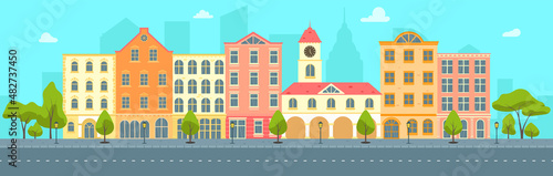 Urban landscape flat vector concept. Old city buildings, houses, road, trees. Small town illustration.Town city street panoramic cityscape background in flat style. Set of city buildings.
