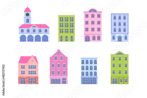 Set of modern city buildings. Large collection of old town buildings. Flat vector illustration. Old city house facades.