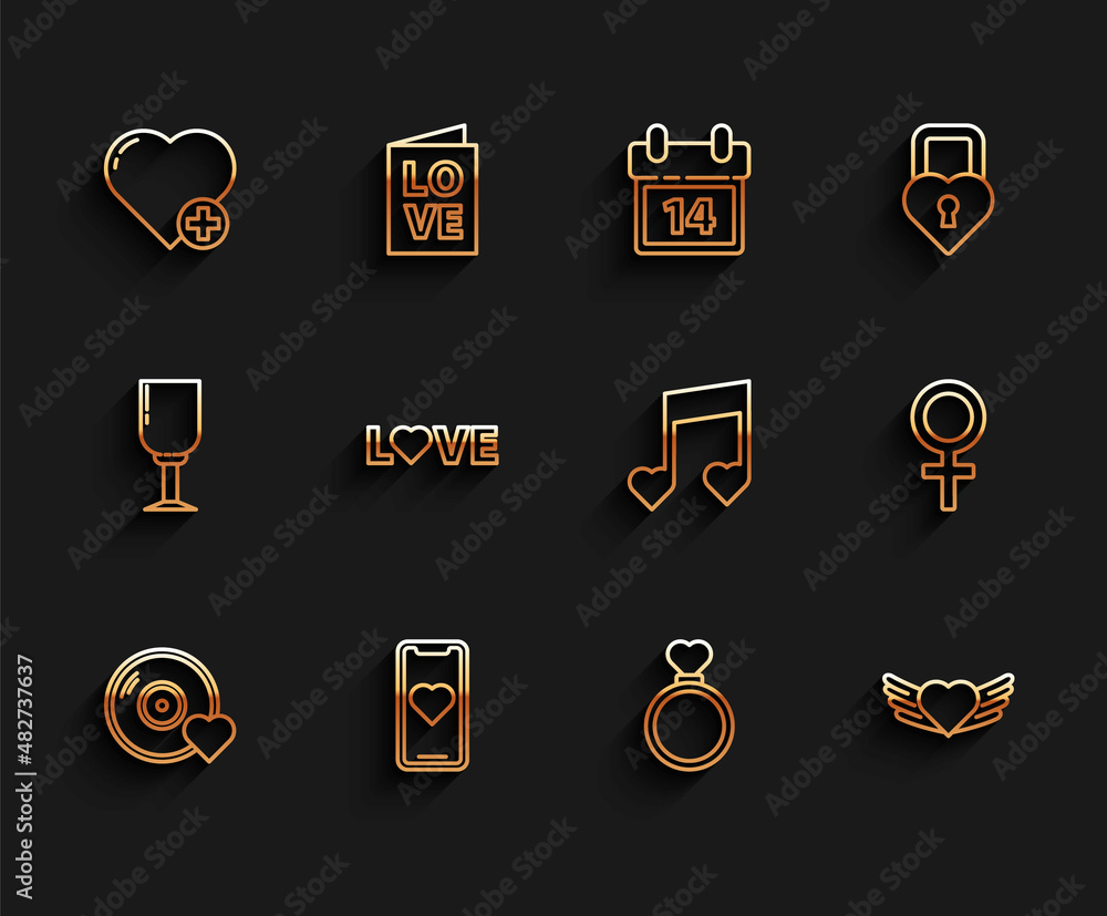 Set line Romantic music, Mobile phone with heart, Heart, Wedding rings, wings, Love text, Female gender symbol and Music note, tone hearts icon. Vector Set line Romantic music, Mobile phone with heart, Heart, Wedding rings, wings, Love text, Female gender symbol and Music note, tone hearts icon. Vector