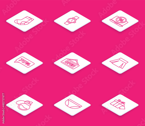 Set line Socks, Wrist watch, Percent discount and laptop, Seventy percent tag, Hanging sign with Open, Skirt, Perfume and Underwear icon. Vector