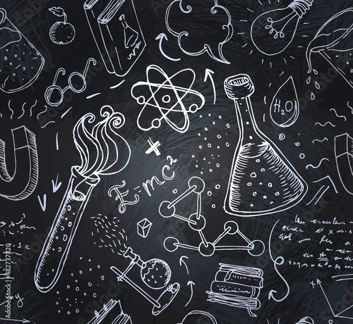 Back to School: science lab objects doodle vintage style sketches seamless pattern, vector illustration.
