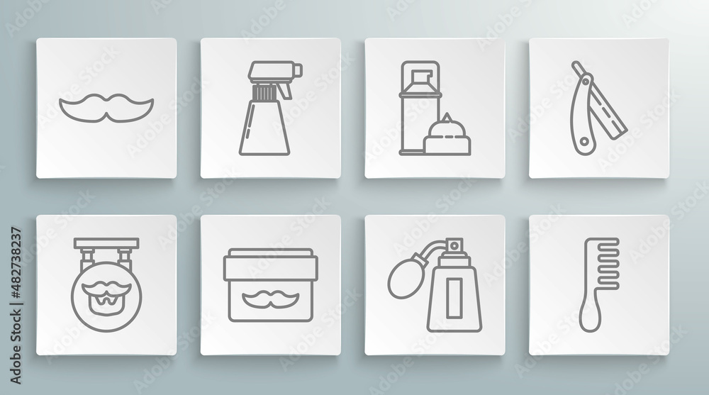 Set line Barbershop, Hairdresser pistol spray bottle, Cream or lotion cosmetic jar, Aftershave with atomizer, Hairbrush, Shaving gel foam, Straight razor and Mustache icon. Vector Set line Barbershop, Hairdresser pistol spray bottle, Cream or lotion cosmetic jar, Aftershave with atomizer, Hairbrush, Shaving gel foam, Straight razor and Mustache icon. Vector